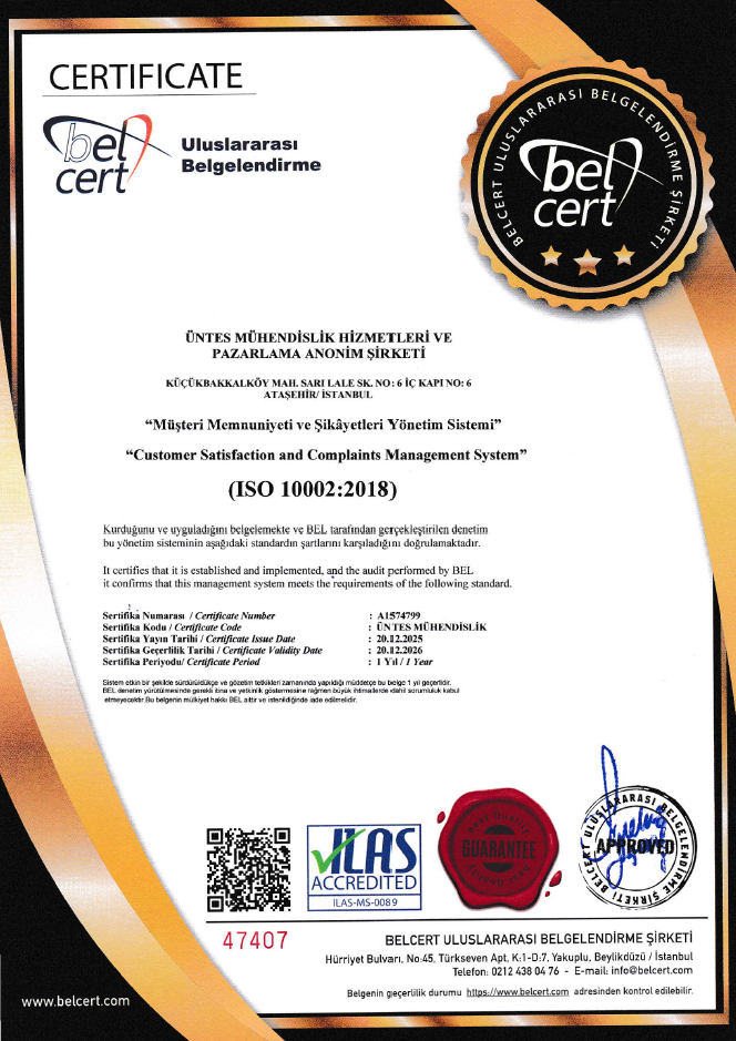 Üntes Engineering ISO 10002:2018 belgesi