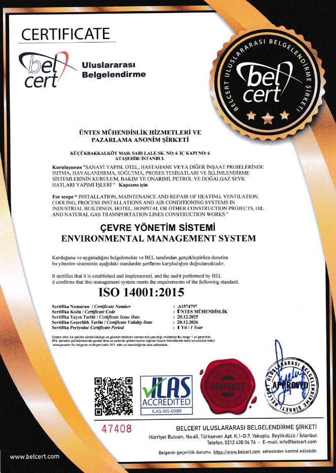 Üntes Engineering ISO 14001:2015 belgesi
