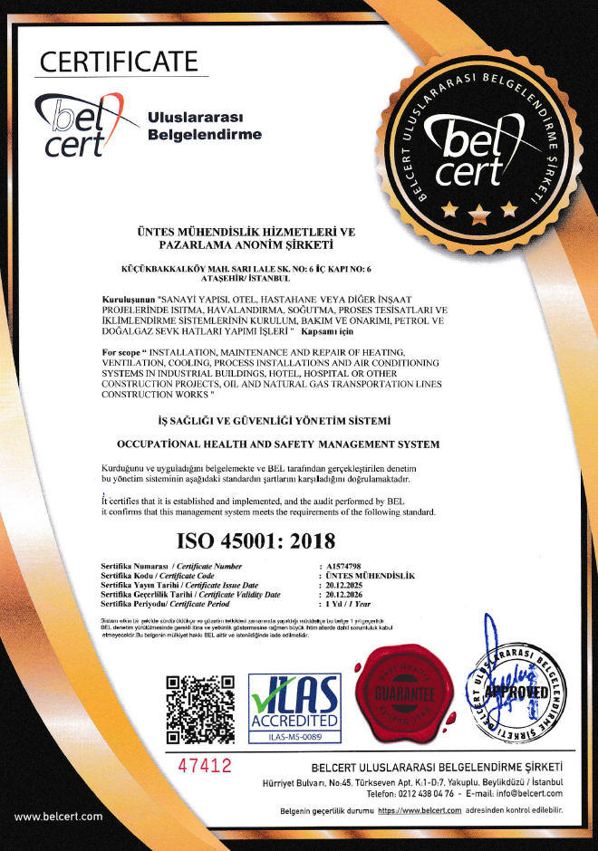Üntes Engineering ISO 45001:2018 belgesi