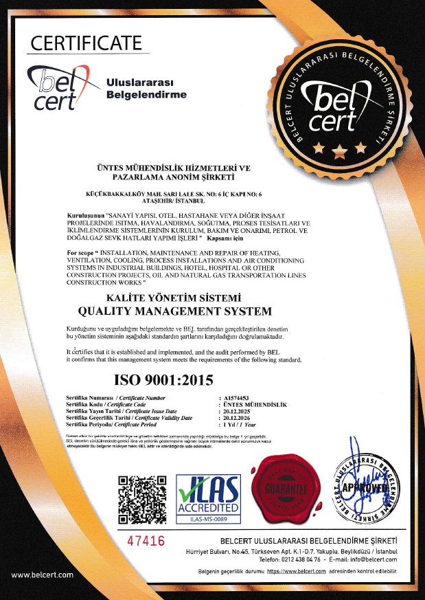 Üntes Engineering ISO 9001:2015 belgesi